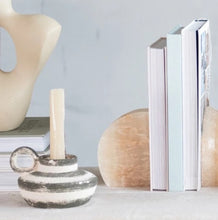 Striped Stoneware Taper Candle Holders with Handles. Set of 2