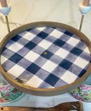 LARGE Handmade Wood and Navy Plaid Enamel Cake Stand / Riser