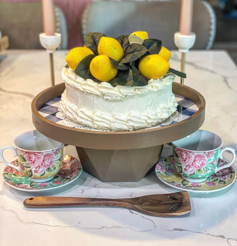 LARGE Handmade Wood and Navy Plaid Enamel Cake Stand / Riser