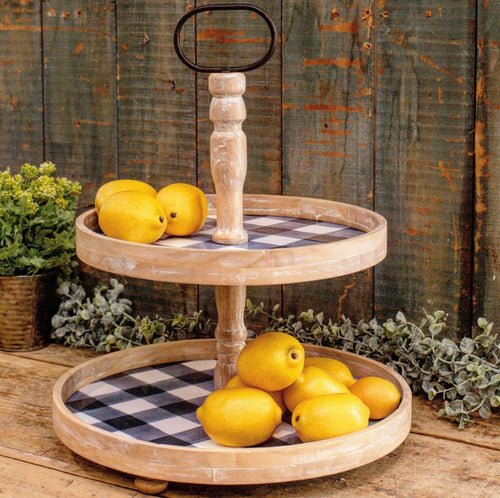 Navy Checked 2-Tier Natural Wood Tray
