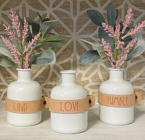 Enamel Stem Vases with Leather Stamped Sentiments, Set of 3