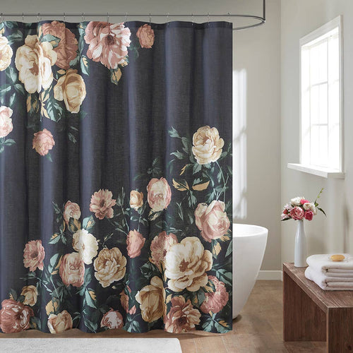 Floral Cotton Boucle Slub Shower Curtain, Navy
