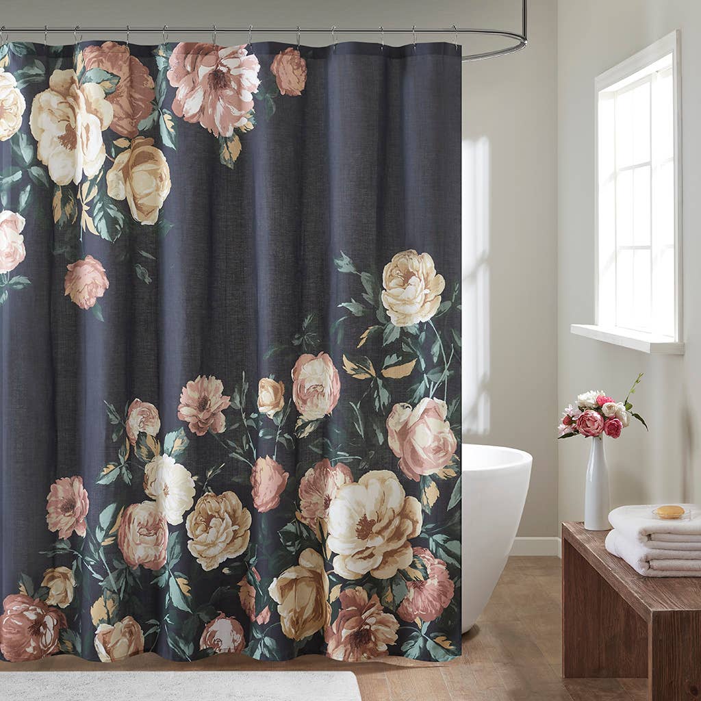 Floral Cotton Boucle Slub Shower Curtain, Navy