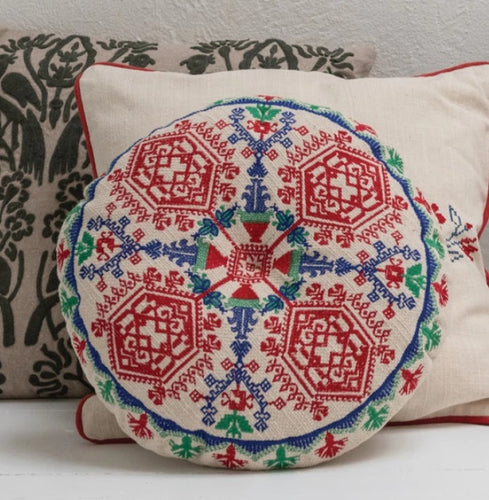 Round Cotton Embroidered Pillow