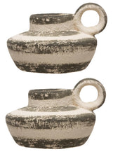 Striped Stoneware Taper Candle Holders with Handles. Set of 2