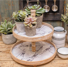 White Marble-Look 2-Tier Natural Wood Tray