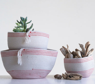Hand Woven Red & White Rope Baskets with Tassels, Set of 3