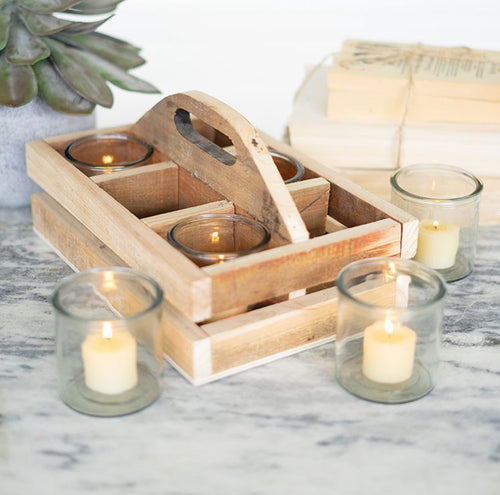 Recycled Wood Trug with 6 Glass Votive Holders