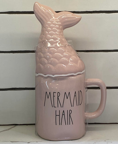 New Rae Dunn Pink MERMAID HAIR / DON'T CARE Two-Sided Mug with Topper