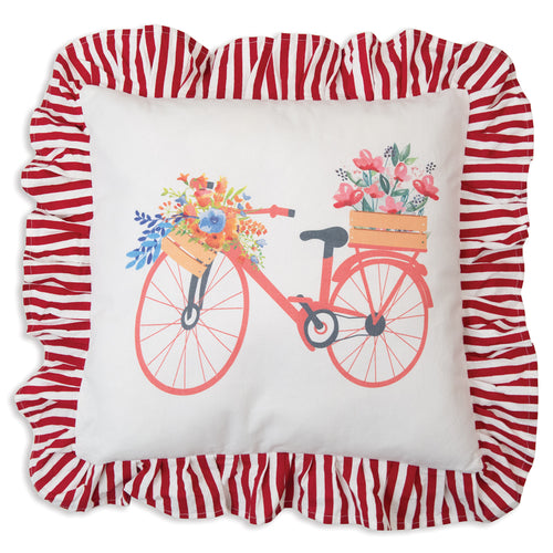 Bicycle Throw Pillow with Red and White Stripe Ruffle